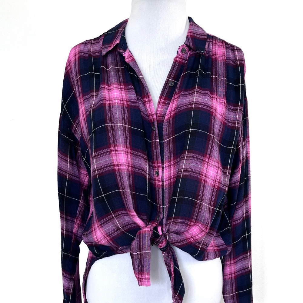 Nordstrom Good Luck Gem Plaid Button Down Tie Front Shirt Blue Pink
